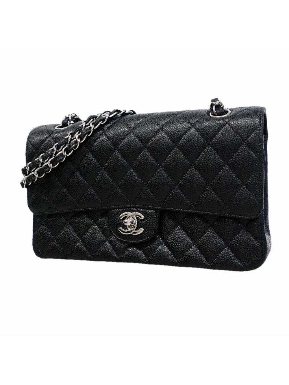 Chanel Shoulder Bag Quilted Caviar Leather Black Silver